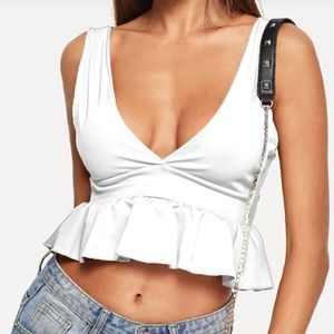 White Low Cut Cropped Mini-Peplum Tank Top